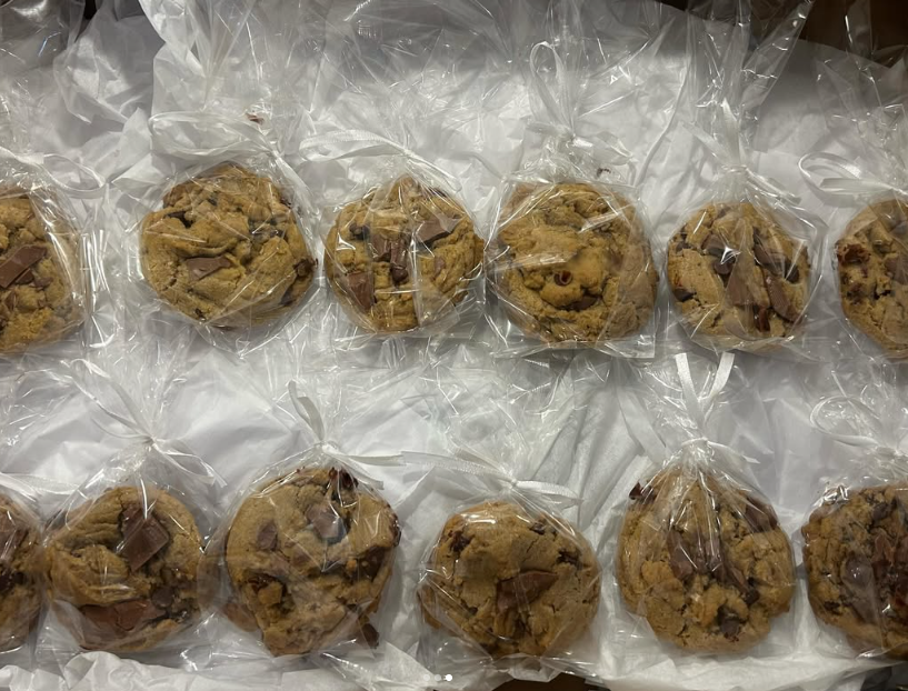 Chocolate chip cookies individually wrapped in cellophane bags
