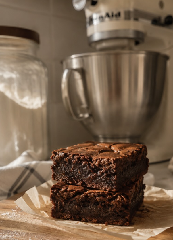 Two fudgy brownies stacked on parchment in front of a stand mixer