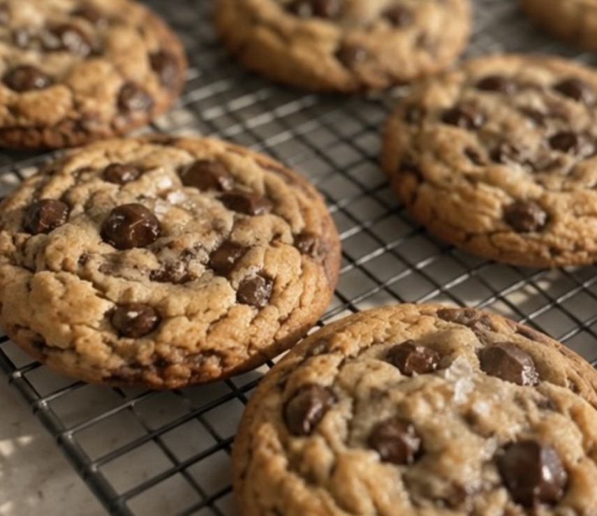 Chocolate chip cookies cooling on a wire rack
