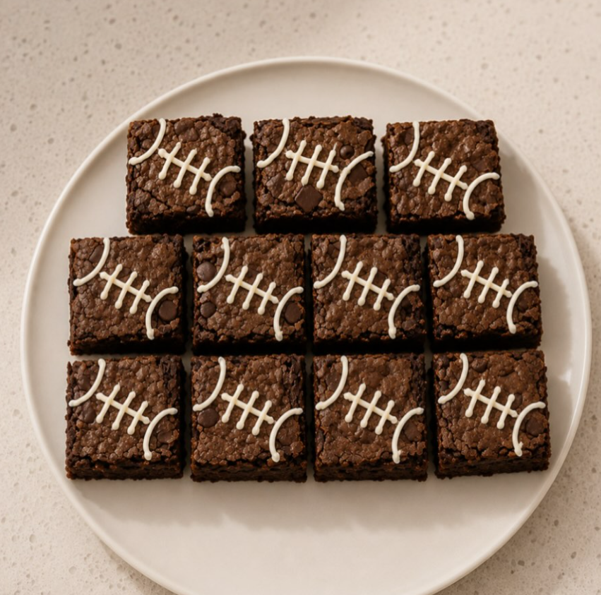A plate of brownies piped with white icing laces to look like footballs